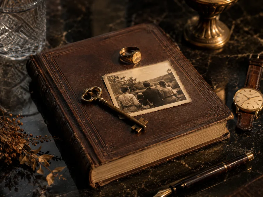 Álbum de couro com retrato de família, chave e anel de sinete sobre mármore