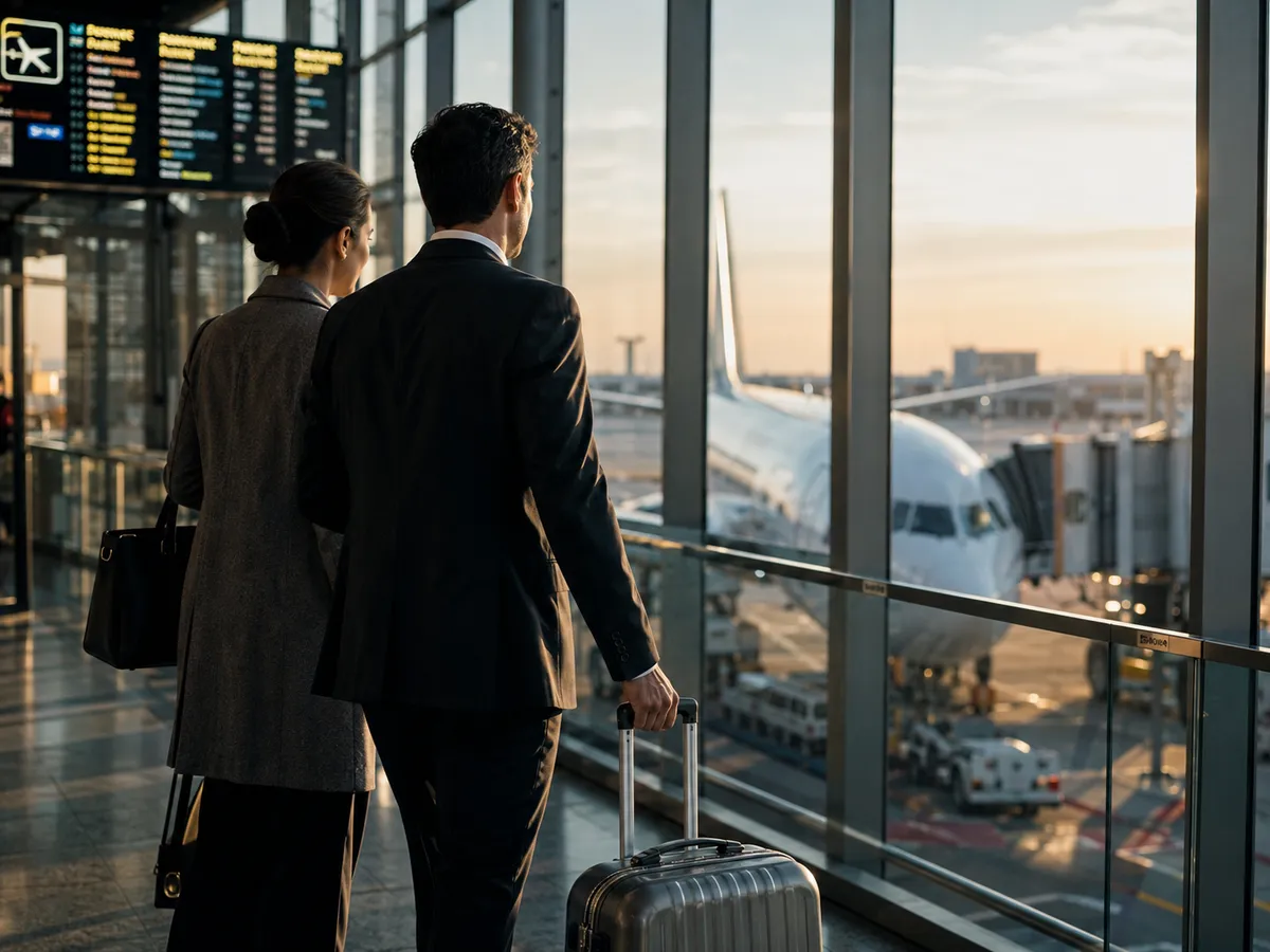 Casal de costas no saguão do aeroporto, avião no portão ao amanhecer