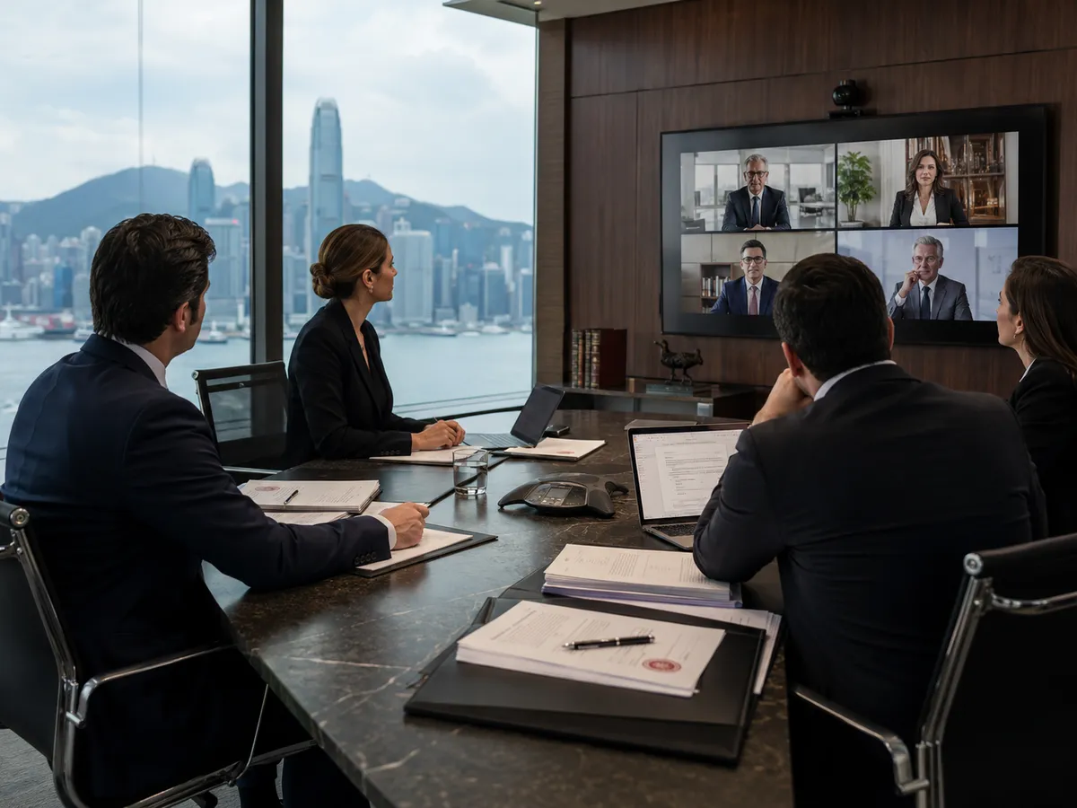 Reunião em sala de conselho com escritórios parceiros em videoconferência