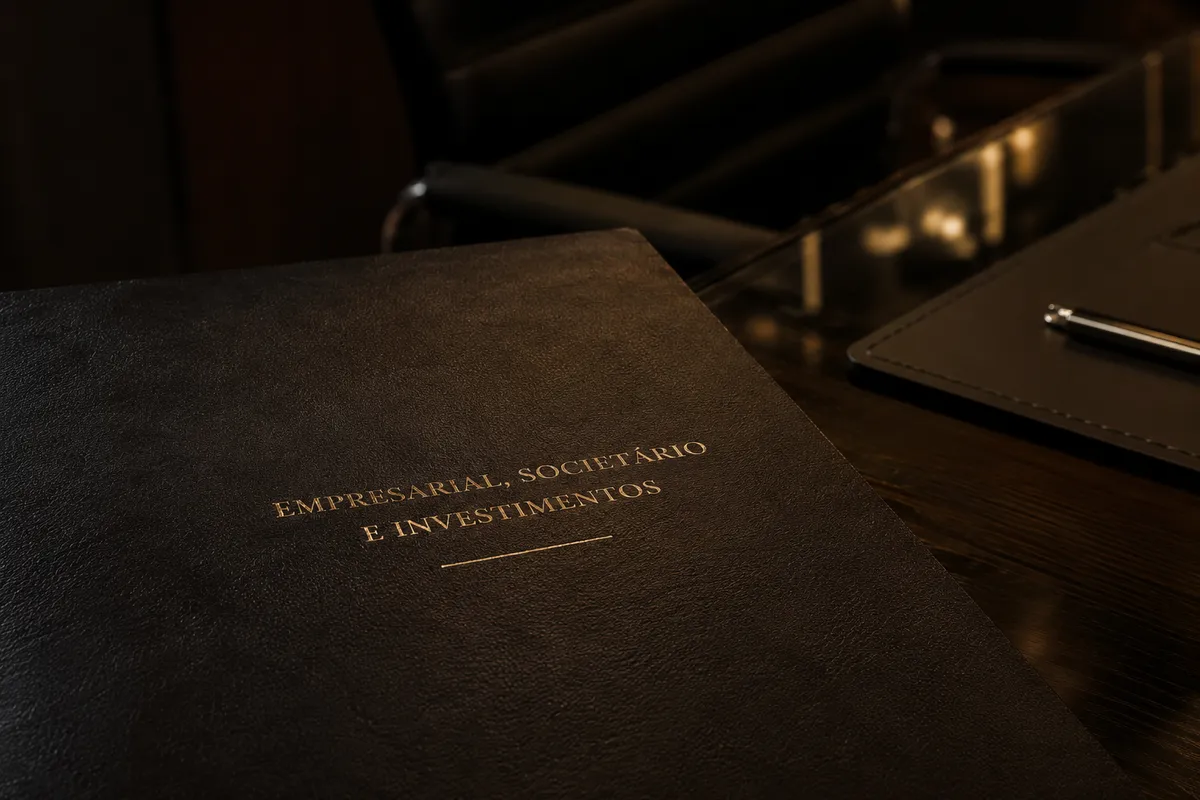 Carpeta de cuero con el nombre de la materia grabado en oro sobre una mesa de consejo