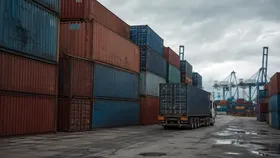 Caminhão com contêiner carregado deixando o pátio do porto