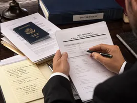 Advogado preenchendo o formulário I-601 de waiver de inadmissibilidade, ao lado do passaporte